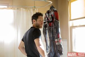 Scott Lang hangs his superhero suit in the shower.