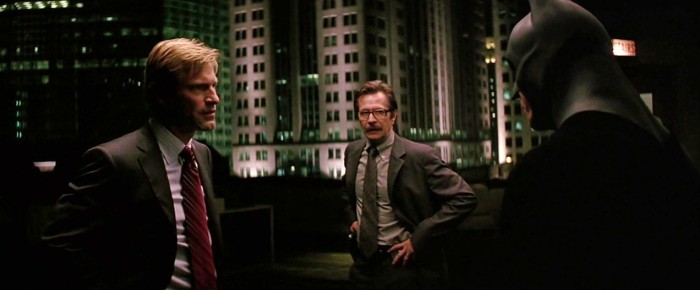 Harvey Dent, Jim Gordon, and Batman Meet on the Roof
