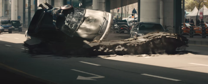 Avengers Age of Ultron Captain America Holds on to Flipping Car