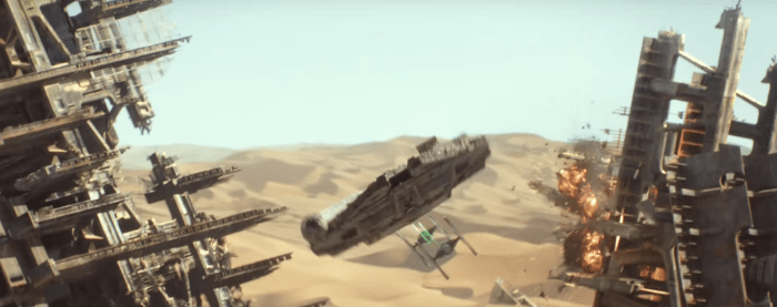 Star Wars The Force Awakens Final Trailer #3 Tie Fighters Chases Millenium Falcon Towards Screen
